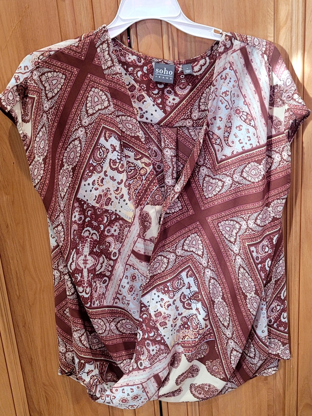 New York & Company Burgundy, Pink and Cream Paisley Short-Sleeve Blouse